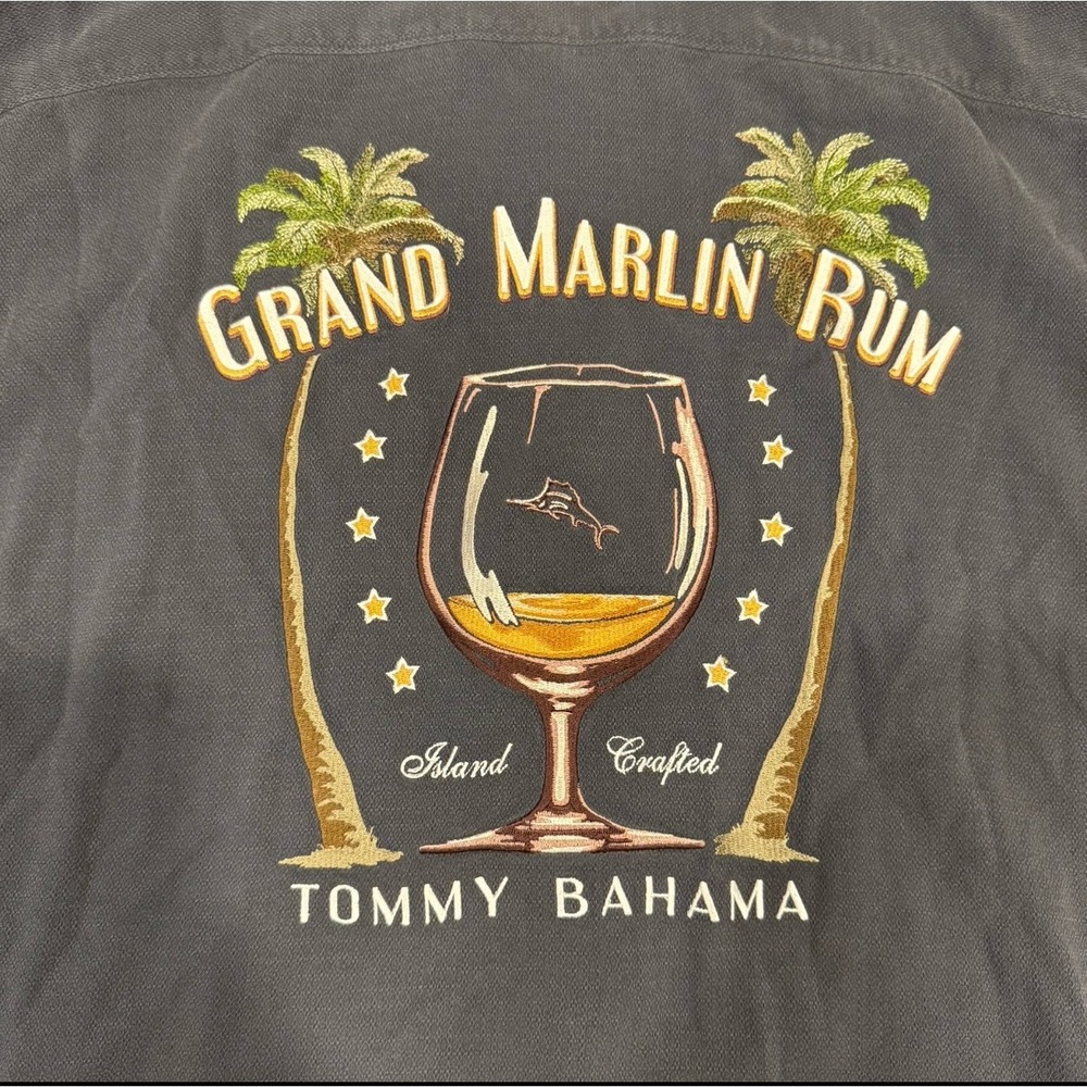 Tommy Bahama Gray Grand Marlin Rum BarDrink Silk Hawaiian Button Up Shirt Men XL